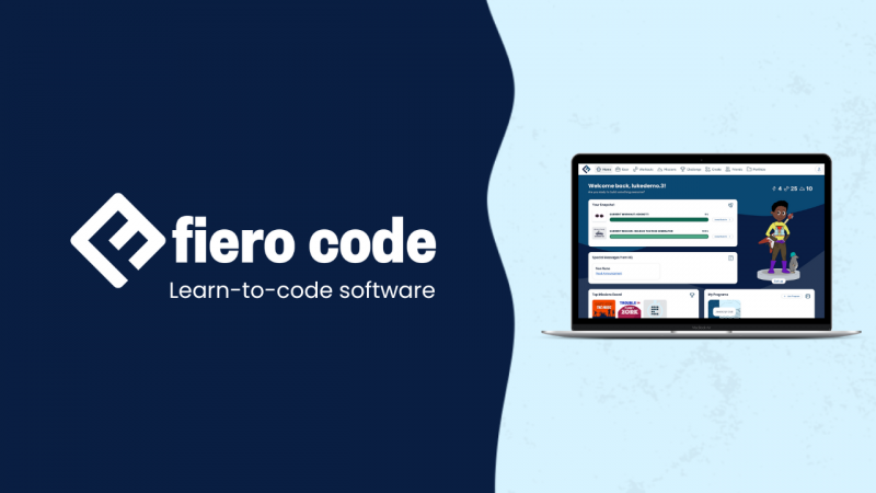 Laptop showing Fiero code webpage. Text: Fiero code learn-to-code software. 
