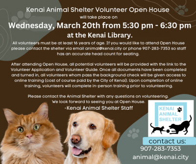 Volunteer Open House Wednesday, March 20th from 5:30 - 6:30 pm at the Kenai Library