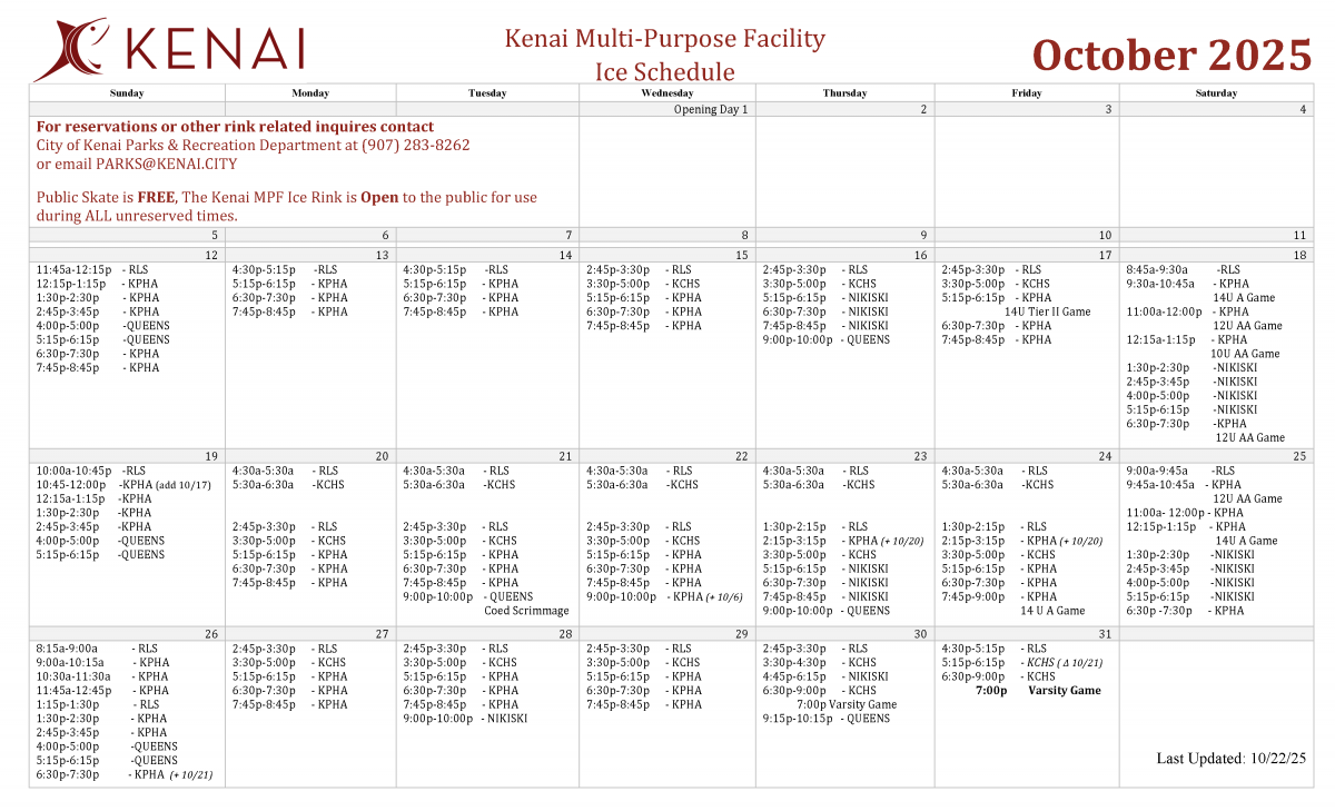 Kenai Multi Purpose Facility Ice Schedule Calendar 