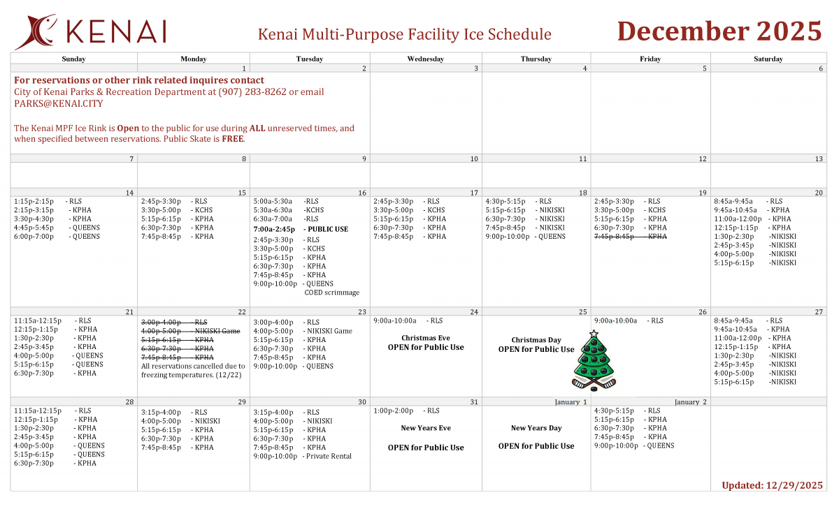 Kenai Multi Purpose Facility Ice Schedule Calendar 