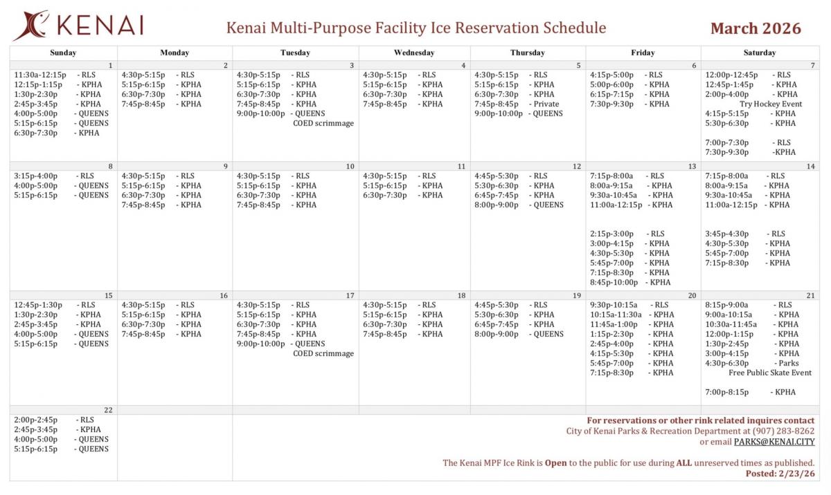  Kenai MPF Ice Rink Schedule