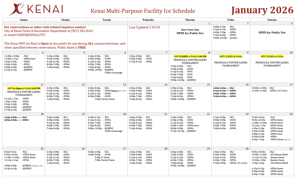 Kenai MPF Ice Rink Schedule
