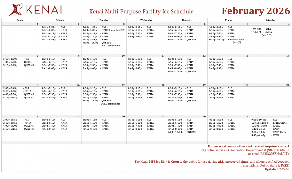  Kenai MPF Ice Rink Schedule